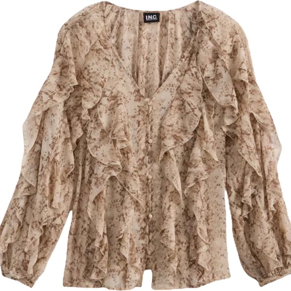 I.N.C. International Concepts | Printed Ruffle V-Neck Long Sleeve Blouse NWT - Picture 2 of 8